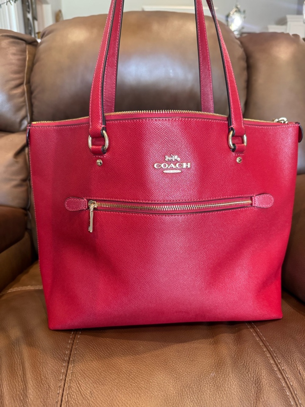 Coach Red Saffiano Leather Zip-Top Tote with Gold Hardware